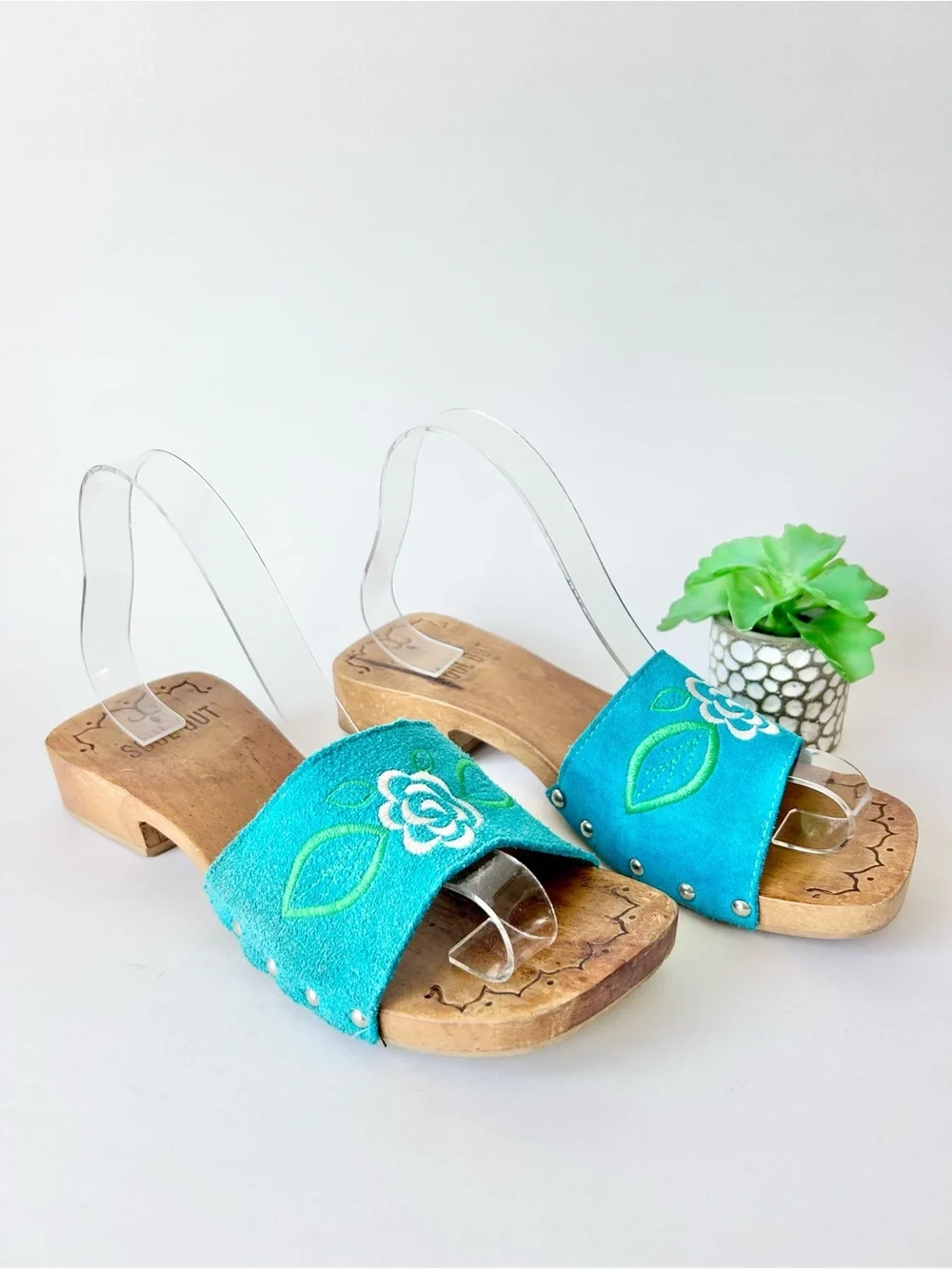 Soul Out Vintage 90s Turqoise Blue Suede Platform Wood Mule Slide Sandals 7.5
